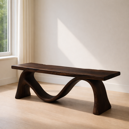 Solid Wood Bench with Sculptural Curved Base – Modern Entryway or Living Room Bench Kitchnce
