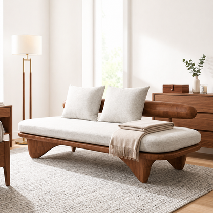 Modern Upholstered Daybed With Rounded Bolster Backrest, Pillows, Bedroom Lounge Bench