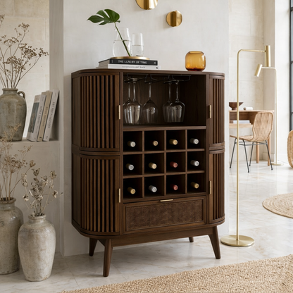 Contemporary Wooden Bar Cabinet, Fluted Entertaining Console with Glassware Storage