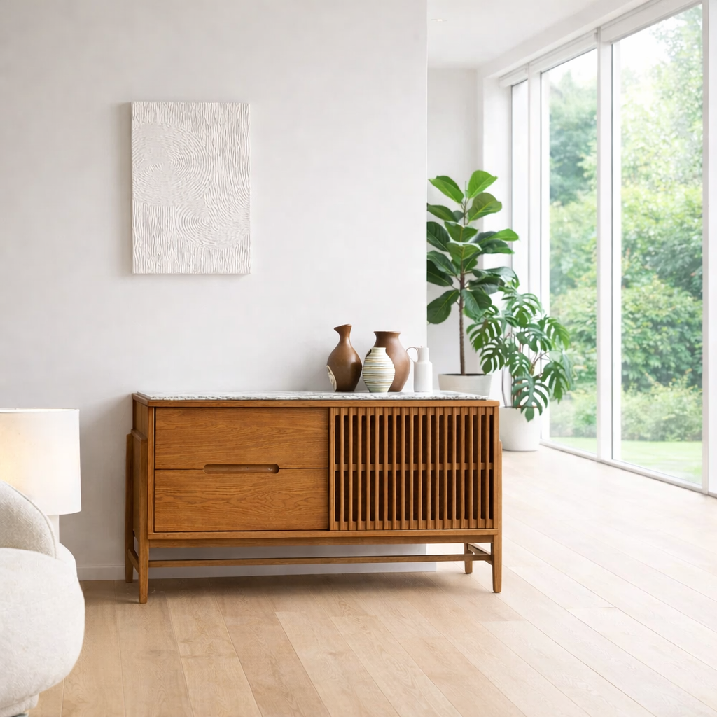 Modern Sideboard Cabinet with Slatted Door and Drawer – Minimal Storage Console