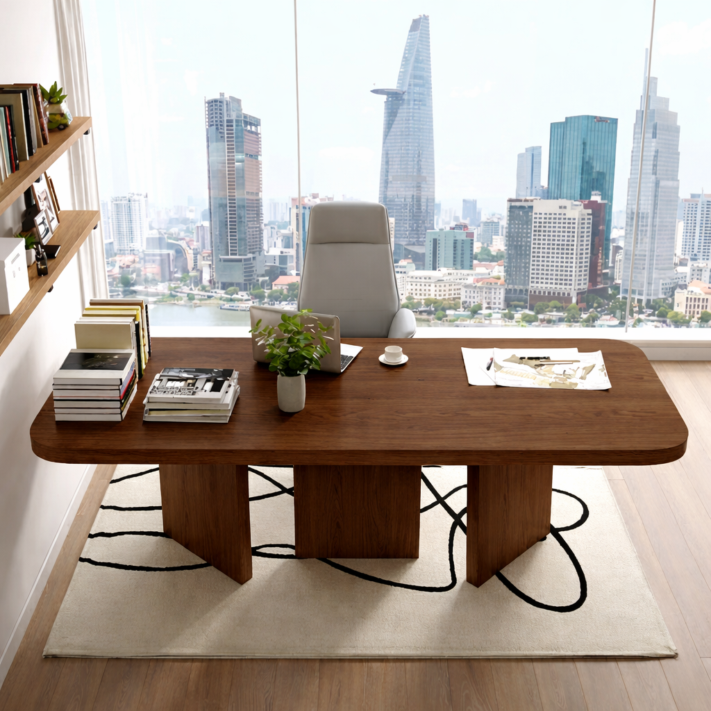 Modern Executive Desk with Rounded Corners, Large Minimalist Office Writing Table