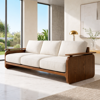 Modern Solid Wood Sofa with White Fabric Cushions Minimalist Japandi Living Room Couch