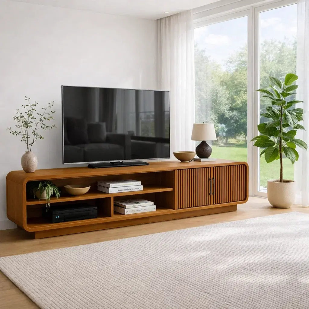 Solid Wood TV Cabinet with Slatted Doors – Modern Walnut Media Console Kitchnce
