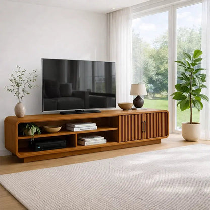 Solid Wood TV Cabinet with Slatted Doors – Modern Walnut Media Console Kitchnce