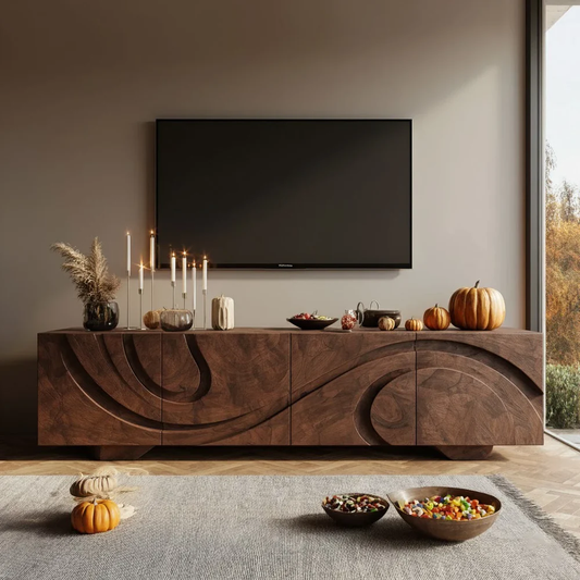 Solid Wood TV Stand Modern Walnut Media Console with Sculpted Doors and Storage