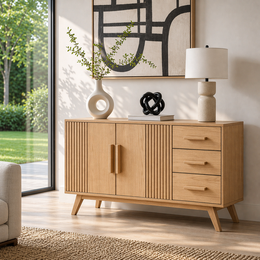 Solid Wood Console Sideboard with Slatted Design – Modern Walnut Storage Cabinet
