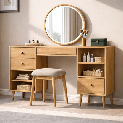 Solid Wood Makeup Vanity with Storage – Modern Mid-Century Design