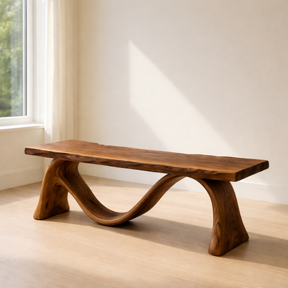 Solid Wood Bench with Sculptural Curved Base – Modern Entryway or Living Room Bench Kitchnce
