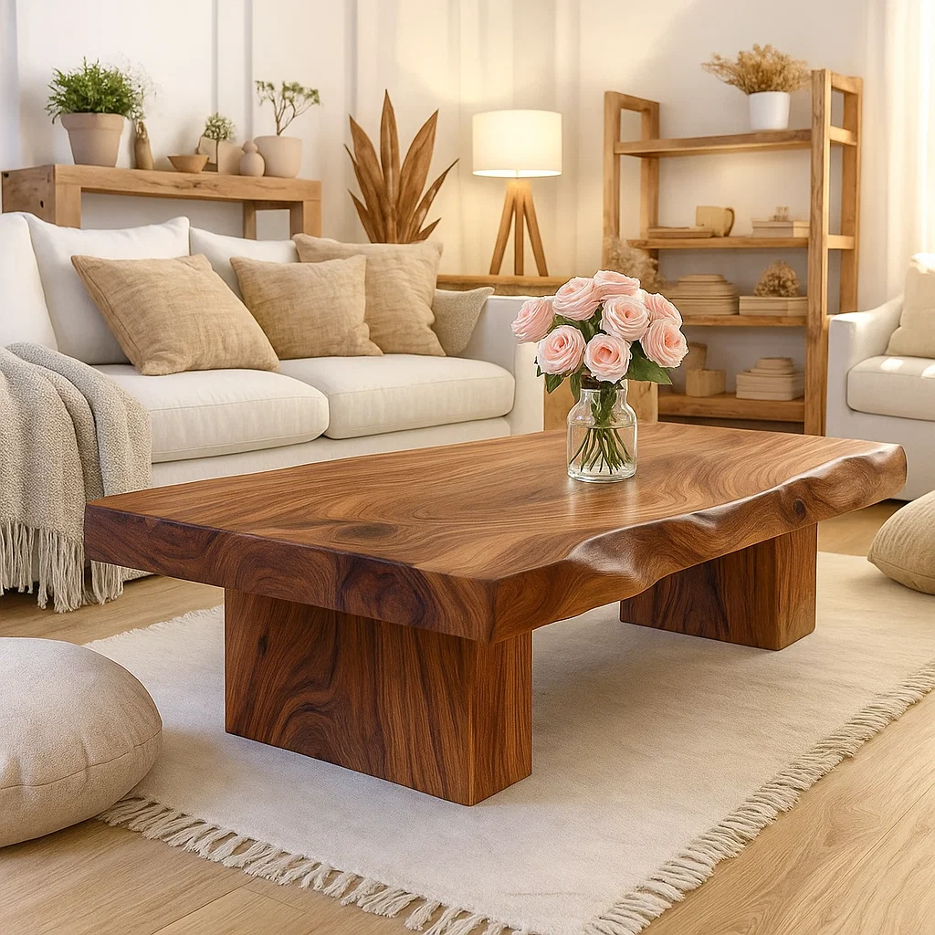 Handcrafted Solid Wood Coffee Table with Sculpted Live Edge – Modern Organic Wood Center Table for Japandi Living Spaces Kitchnce
