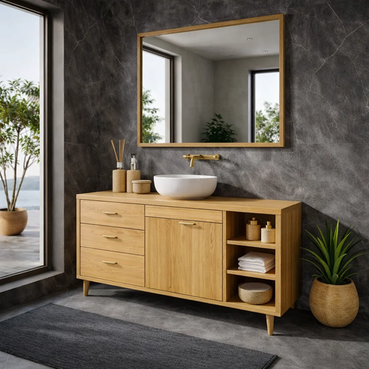 Solid Wood Bathroom Vanity with Drawers, Cabinet & Open Shelf – Mid Century Walnut Vanity