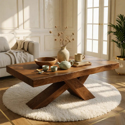 Rustic Solid Wood Coffee Table with X-shaped Legs and Natural Finish Kitchnce