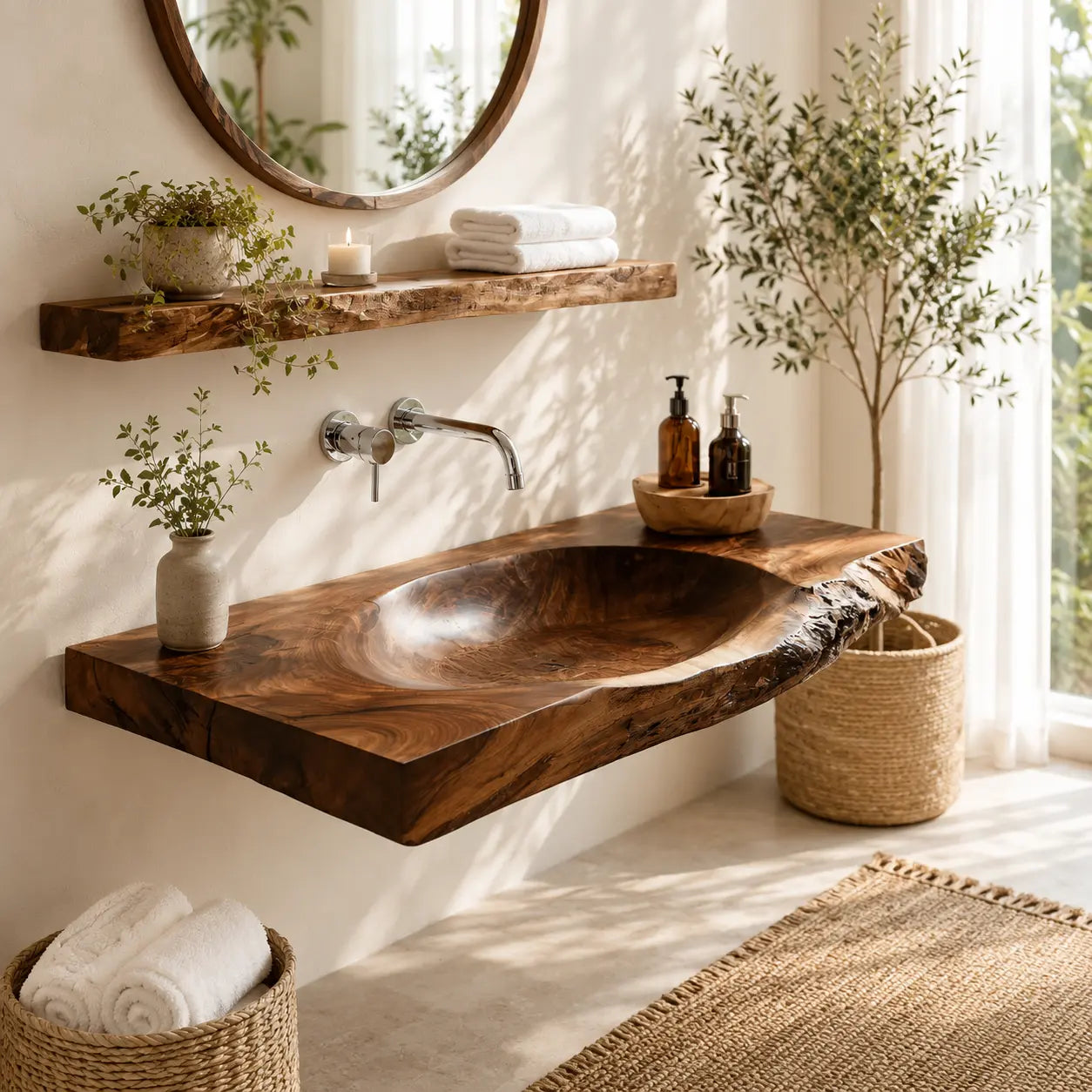 Live Edge Vanity & Shelf Set | Solid Wood Carved Sink Floating Bathroom Kitchnce