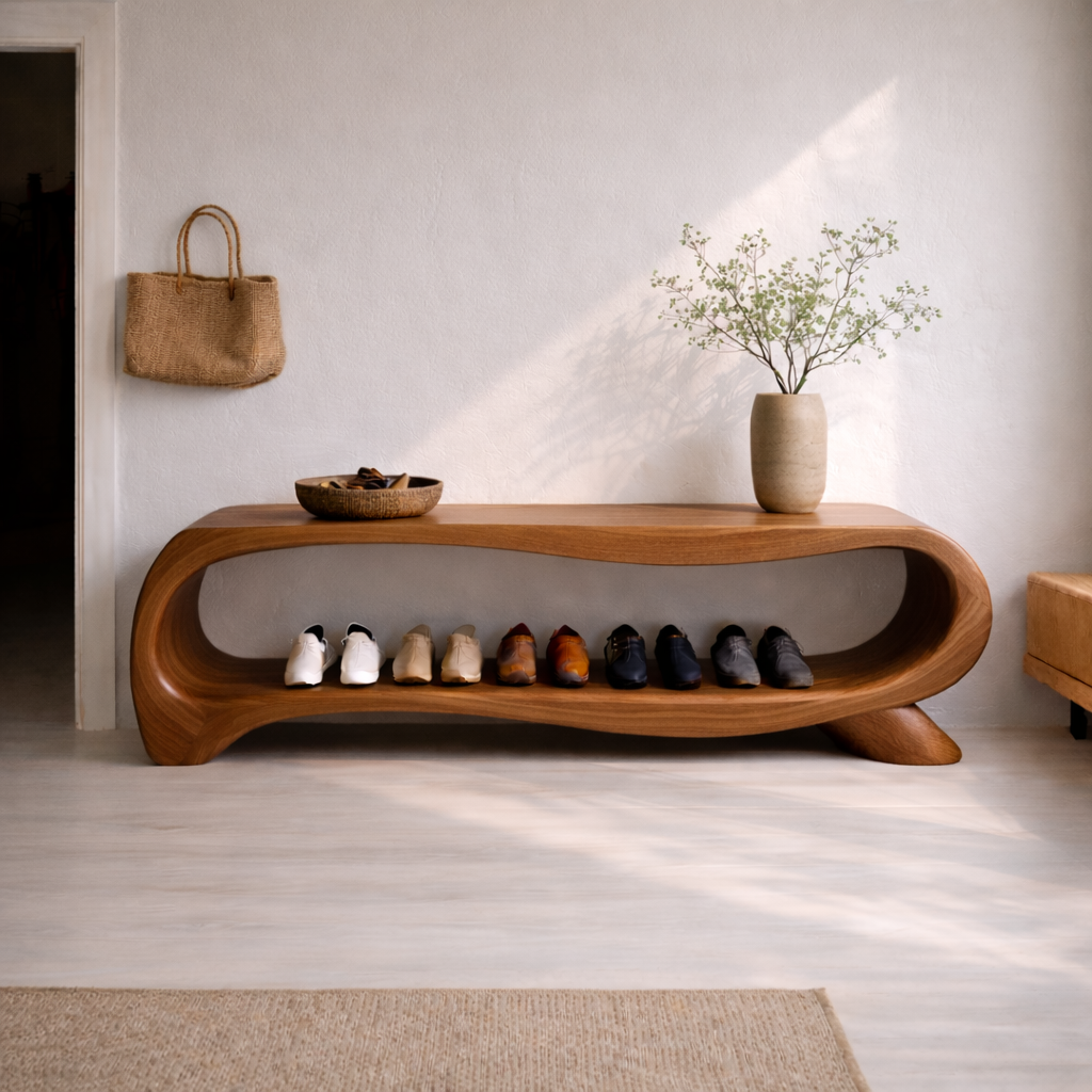 Modern Solid Wood Entryway Bench with Shoe Storage Shelf – Curved Wooden Shoe Rack Bench Kitchnce