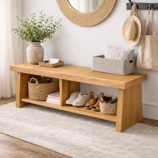 Solid Wood Entryway Bench with Storage | Rustic Hallway Bench with Open Shelves Kitchnce