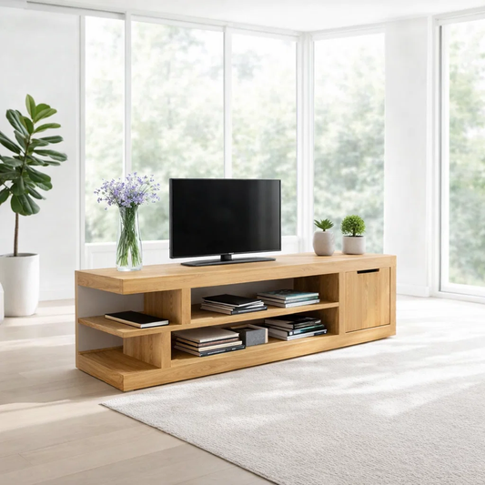 Solid Wood Media Console with Open Shelves & Cabinet, Modern TV Stand
