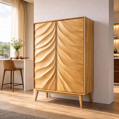 Solid Wood Bar Cabinet with Sculpted Wave Doors – Modern Mid Century Liquor Storage