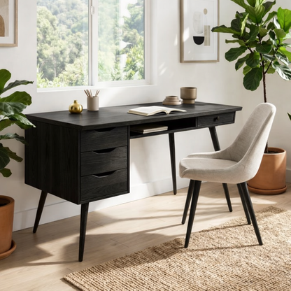 Mid Century Modern Desk with Drawers Storage Home Office Writing Table Solid Frame