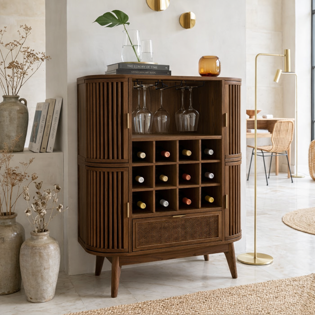 Contemporary Wooden Bar Cabinet, Fluted Entertaining Console with Glassware Storage