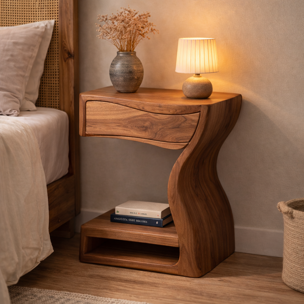 Solid Walnut Nightstand with Drawer and Shelf – Sculptural Curved Wood Bedside Table