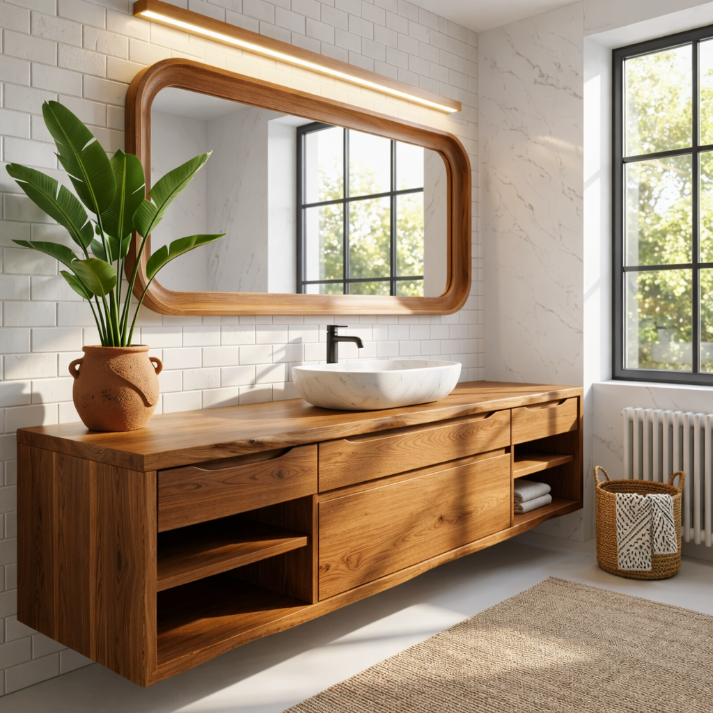 Oak Floating Vanity with Modern Design, Spacious Storage, and Sleek Marble Basin Kitchnce