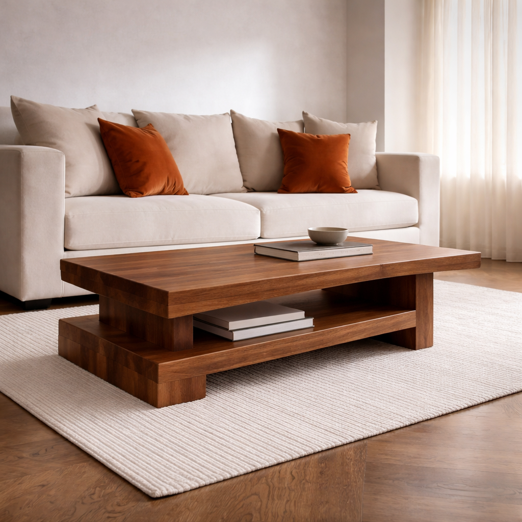 Solid Wood Coffee Table with Modern Block Design – Functional Storage