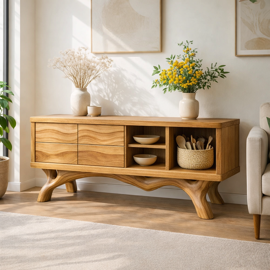 Modern Solid Wood Sideboard Cabinet, Oak Buffet Storage Console with Shelves and Drawers Kitchnce