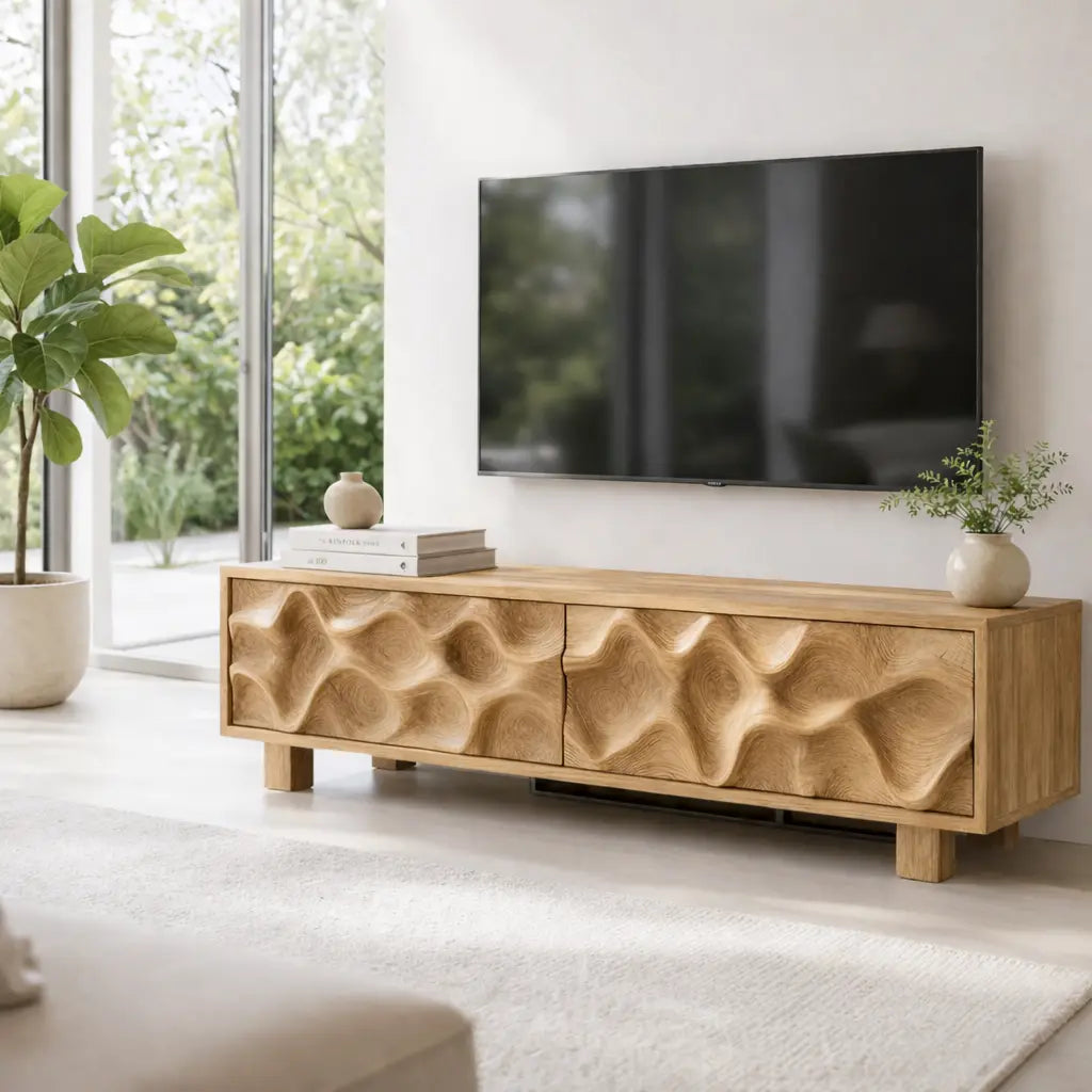Solid Wood TV Cabinet with Wave Carved Doors Modern Wooden Media Console Kitchnce