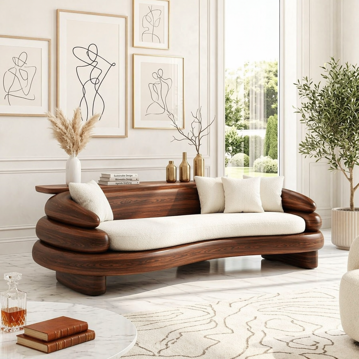 Organic Modern Wooden Sofa, Sculptural Curved Statement Couch with Cream Cushions