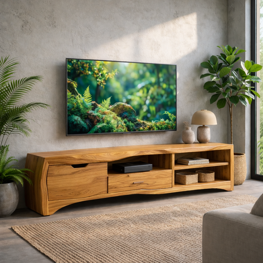 Modern Solid Wood TV Stand with Storage Drawers and Open Shelves – Living Room Media Console Kitchnce