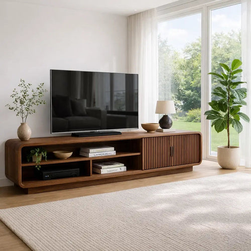 Solid Wood TV Cabinet with Slatted Doors – Modern Walnut Media Console Kitchnce