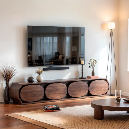 Solid Wood TV Stand Modern Walnut Media Console with Round Panel Doors and Storage