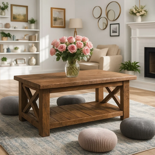 Handcrafted Solid Wood Farmhouse Coffee Table with X-Frame – Rustic Center Table with Bottom Shelf for Cozy Living Rooms Kitchnce