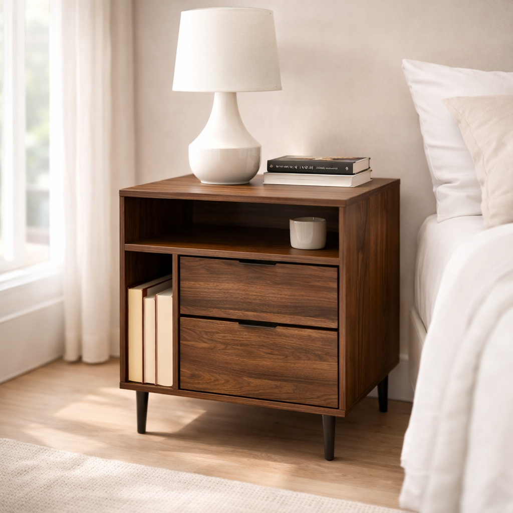 Solid Wood Nightstand with 2 Drawers & Shelf – Modern Bedside Table Storage