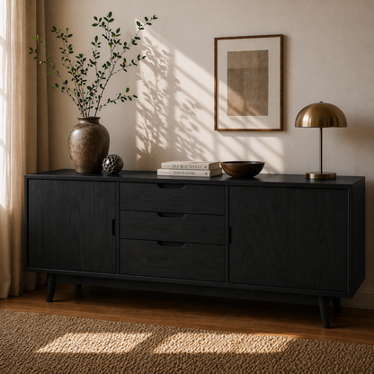 Mid Century Solid Wood Sideboard Cabinet with Drawers & Doors Storage