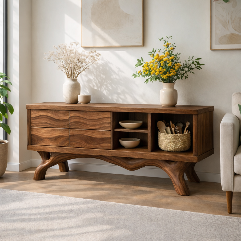 Modern Solid Wood Sideboard Cabinet, Oak Buffet Storage Console with Shelves and Drawers Kitchnce