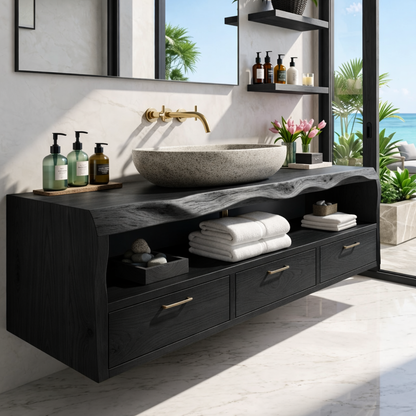 Modern Solid Wood Bathroom Vanity with Floating Drawers and Open Shelf Storage