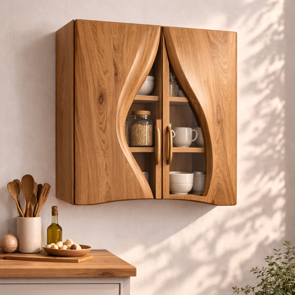 Solid Wood Kitchen Cabinet with Glass Doors – Modern Wall Mounted Storage Cabinet