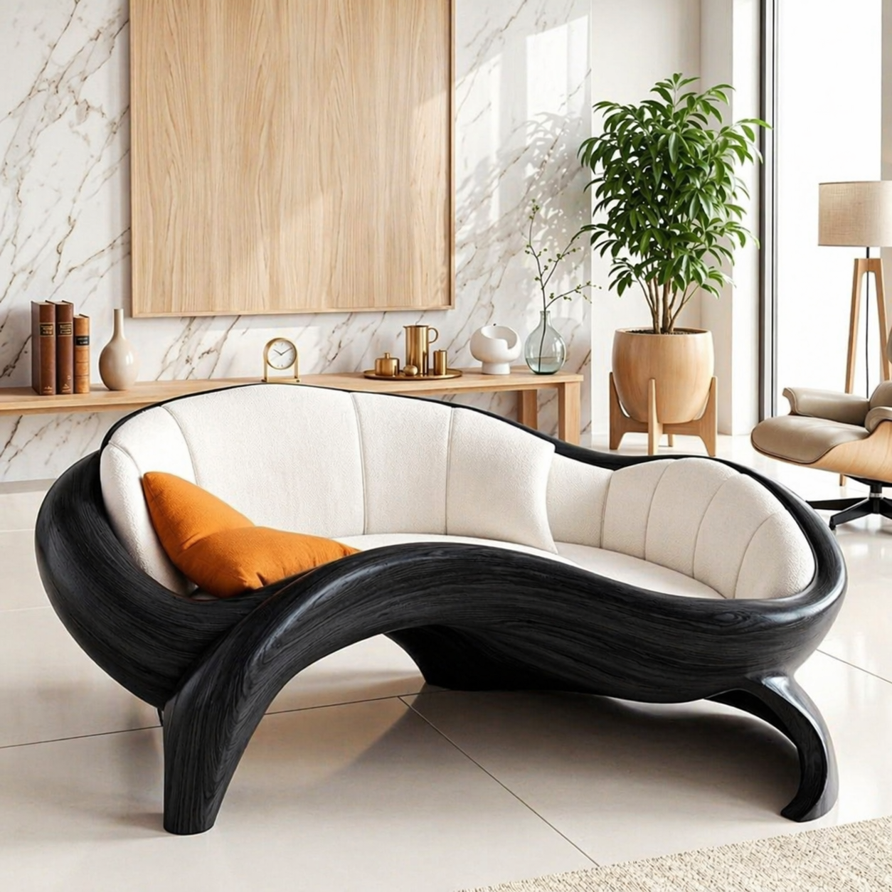 Organic Modern Wooden Lounge Chair, Sculptural Curved Sofa with Oversized Cushion