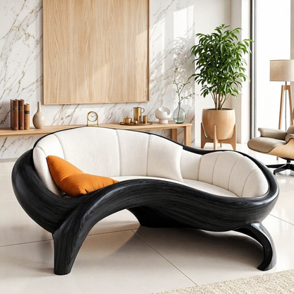 Organic Modern Wooden Lounge Chair, Sculptural Curved Sofa with Oversized Cushion