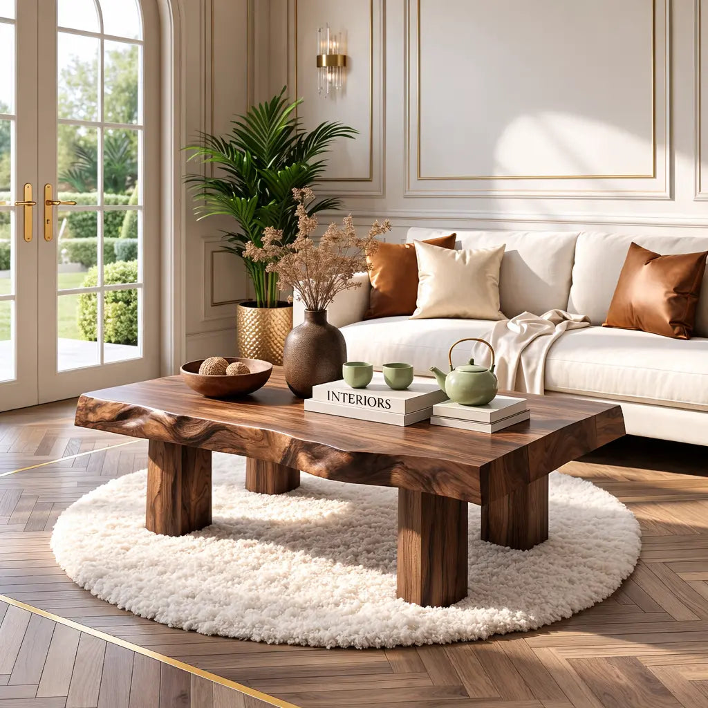 Handcrafted Wooden Coffee Table with Thick Pillar Legs and Natural Finish Kitchnce