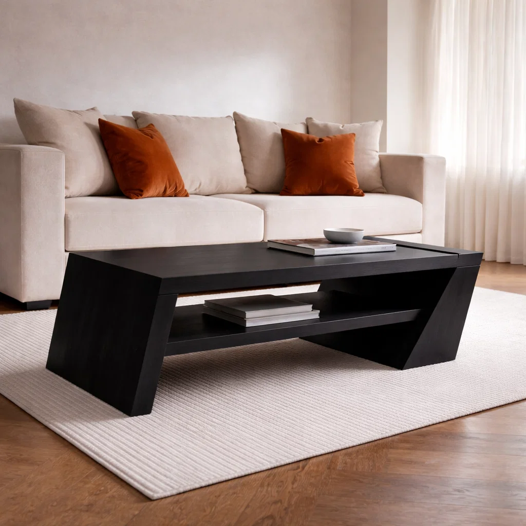 Solid Wood Coffee Table with Angled Legs and Modern Storage – Stylish Living Room Furniture