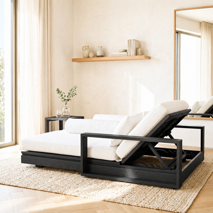 Adjustable Upholstered Daybed With Reclining Backrest, White Cushions, Lounge Chaise