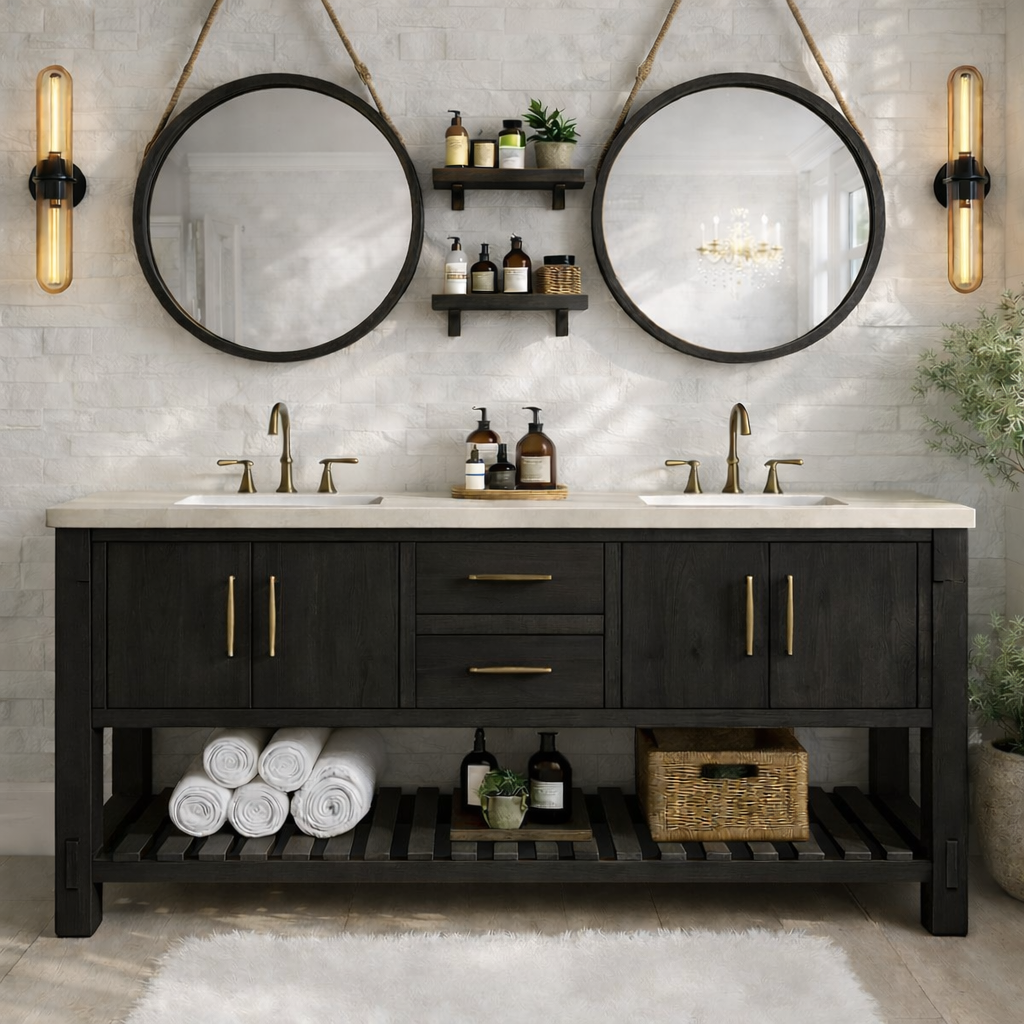 Rustic Double Bathroom Vanity Cabinet With Drawers And Storage Wood Vanity Base Kitchnce