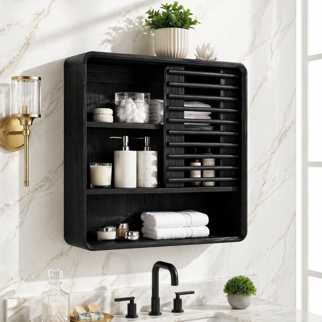 Floating Bathroom Cabinet, Modern Tambour Wall Mounted Vanity Storage Organizer Unit