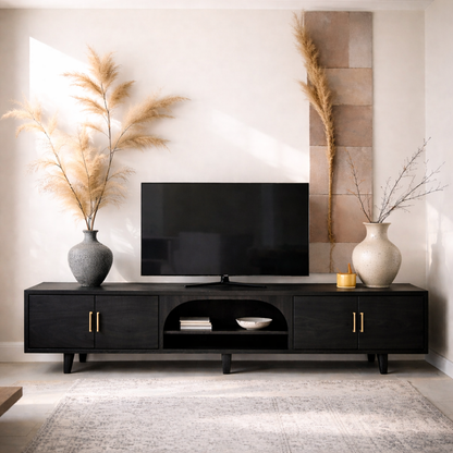 Solid Wood Media Console with Arched Shelf – Modern TV Stand with Storage