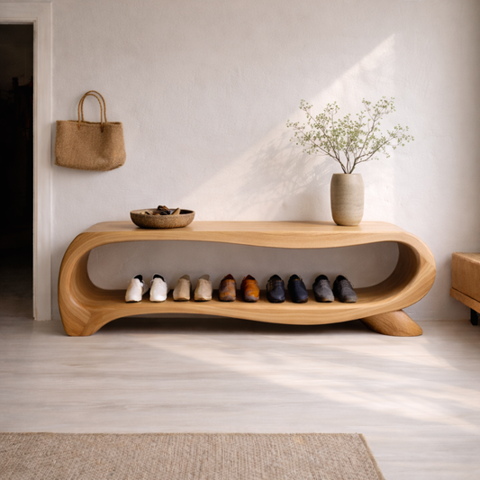Modern Solid Wood Entryway Bench with Shoe Storage Shelf – Curved Wooden Shoe Rack Bench Kitchnce