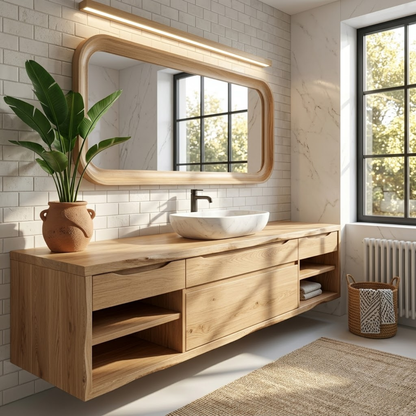 Oak Floating Vanity with Modern Design, Spacious Storage, and Sleek Marble Basin Kitchnce