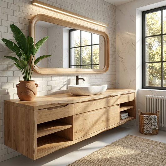Oak Floating Vanity with Modern Design, Spacious Storage, and Sleek Marble Basin Kitchnce