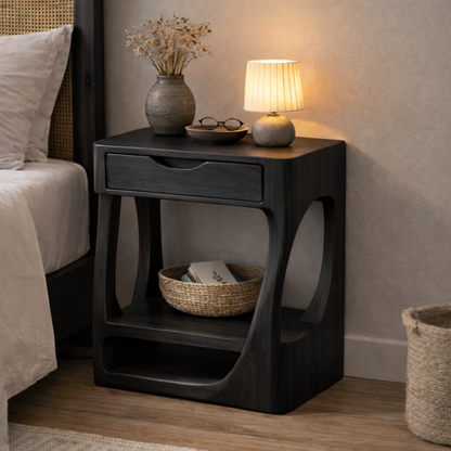 Solid Wood Nightstand with Open Shelf and Drawer – Modern Curved Bedside Table Kitchnce