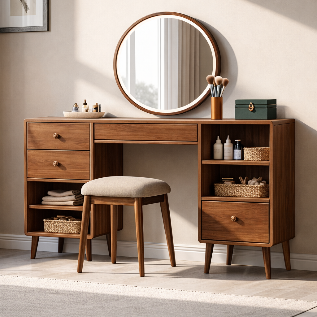 Solid Wood Makeup Vanity with Storage – Modern Mid-Century Design